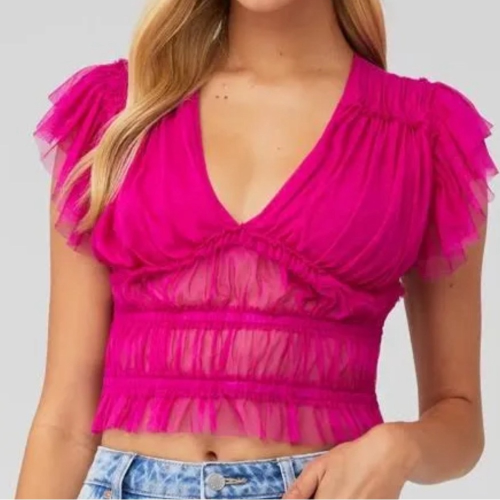 Free People Pink Sheer Ruffle Top